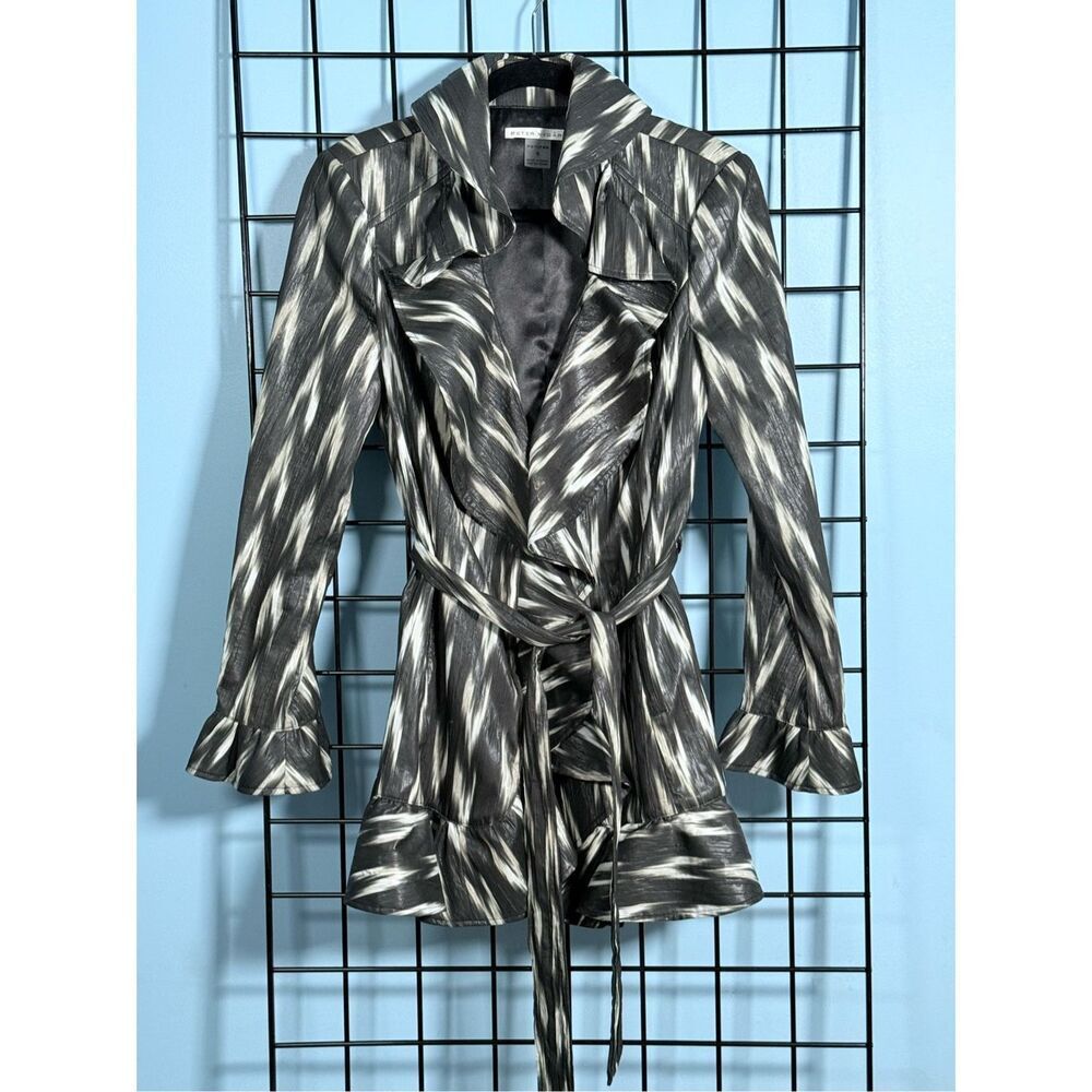 Peter Nygard Abstract Duster Jacket Womens 8 Petite Black Ruffled Belted